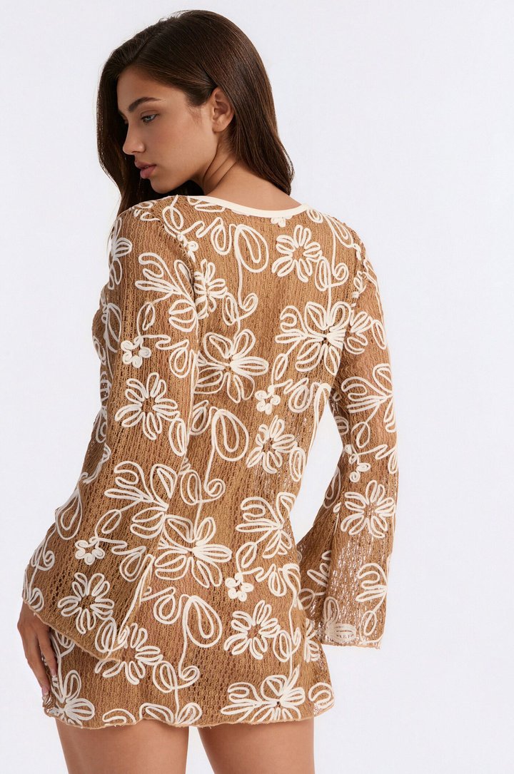 Cabana Vibes Floral Cover Up Crochet Dress - Tan