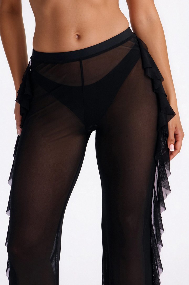 Gabi 3 Piece Ruffle Triangle Bikini & Mesh Cover Up Pant Sunsuit - Black