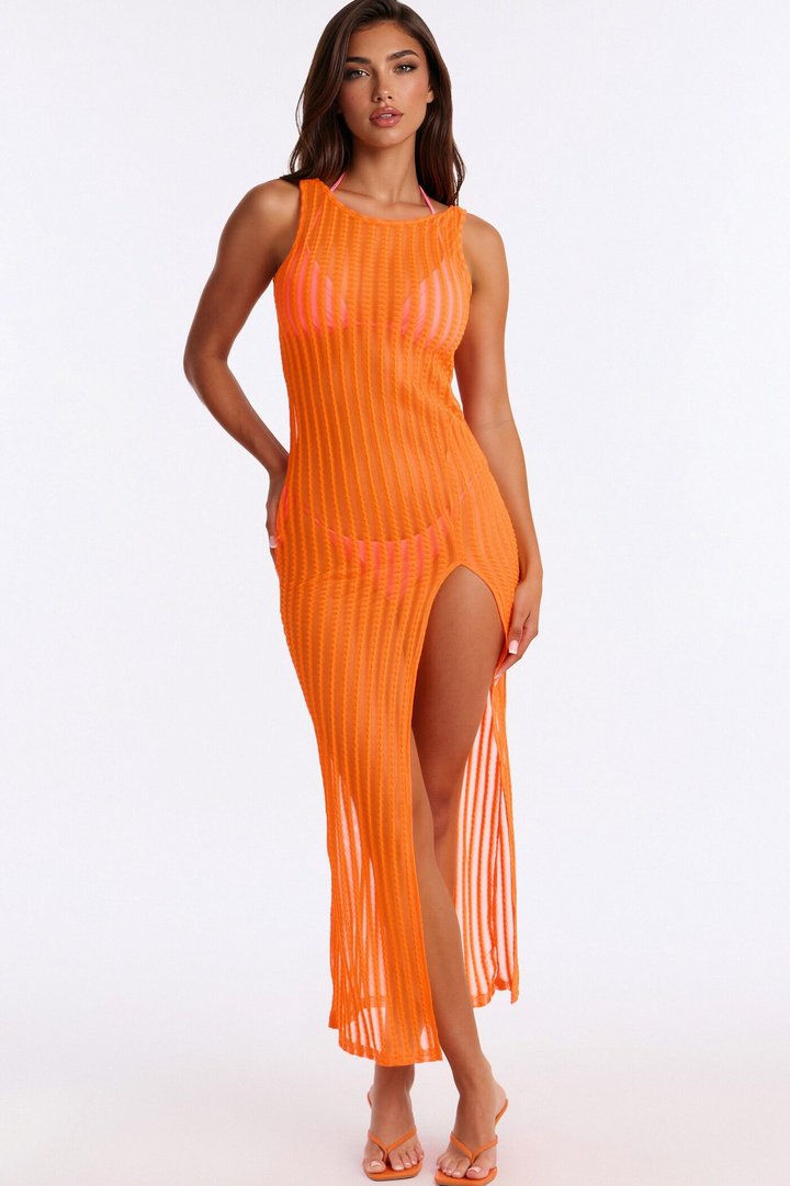Island Breeze Mesh Slit Cover Up Maxi Dress - Orange