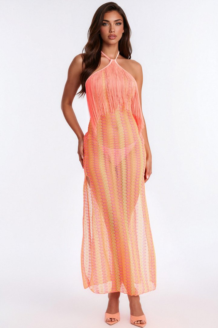 Joyce Geometric Fringe Maxi Swim Cover Up Dress - Orange/combo