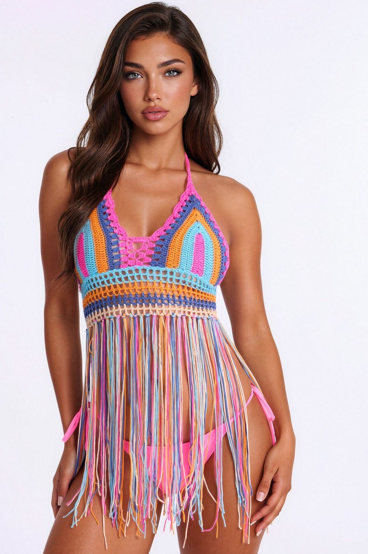 Elena Crochet Cover Up Halter Mini Dress - Multi Color
