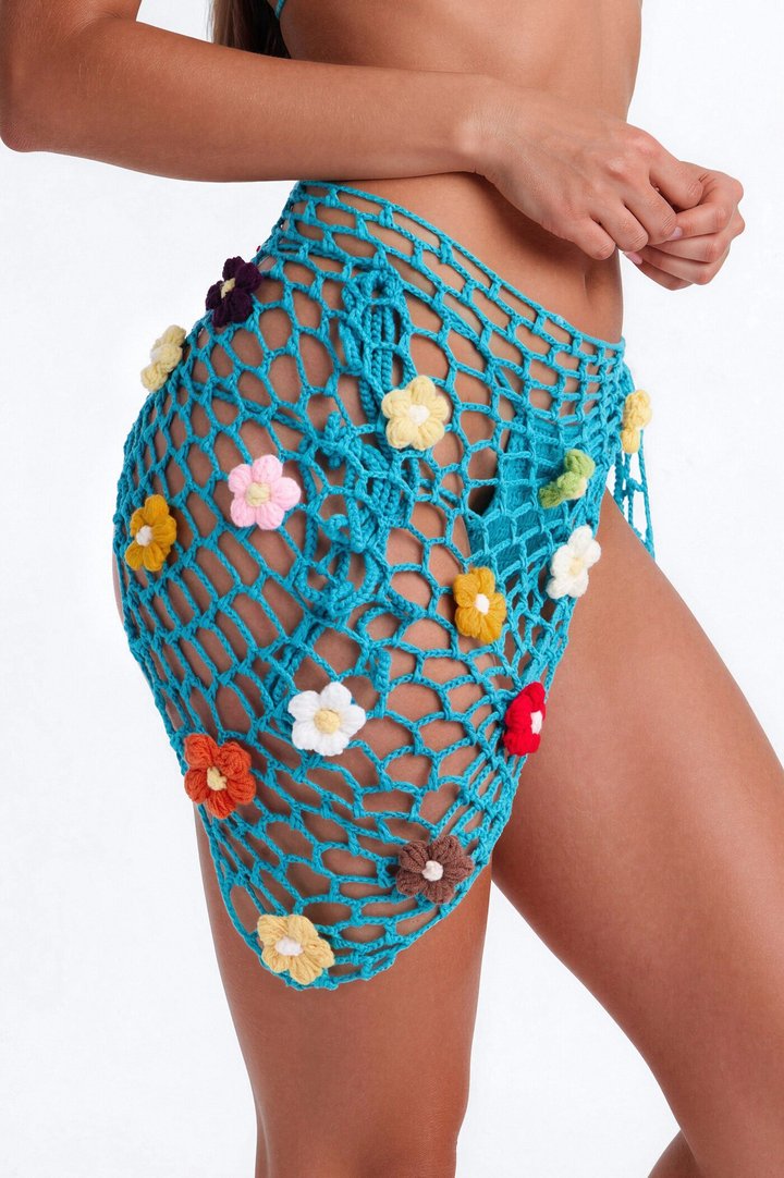 Alix Crochet Applique 3 Piece Triangle Bikini & Cover Up Skirt Sunsuit - Blue/combo