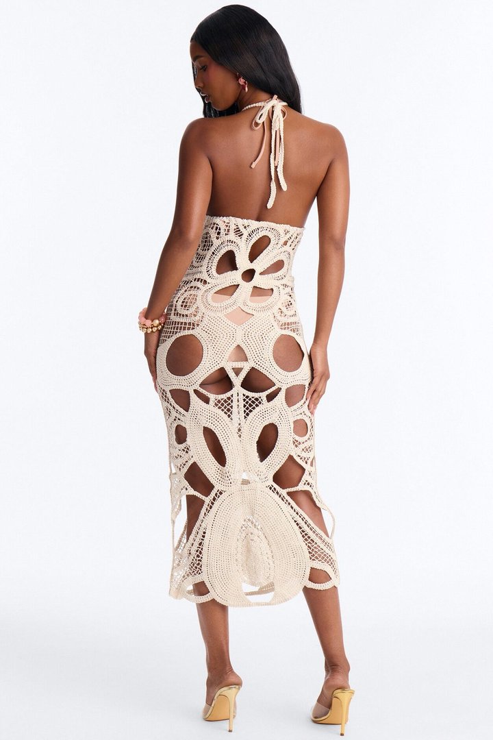 Sand & Sea Crochet Cover Up Halter Maxi Dress - Cream