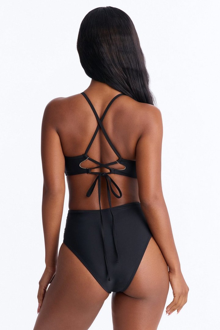 Endless Sea Lace Trim Back Lace Up 1 Piece Swimsuit - Black