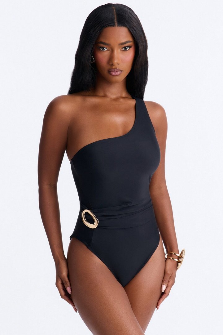 Maya One Shoulder 1 Piece Shimmer Swimsuit - Black