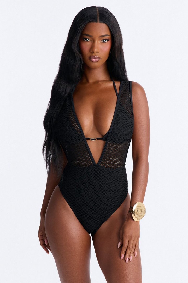 Kadie Fishnet Over Shoulder Strap 2 Piece Bikini - Black