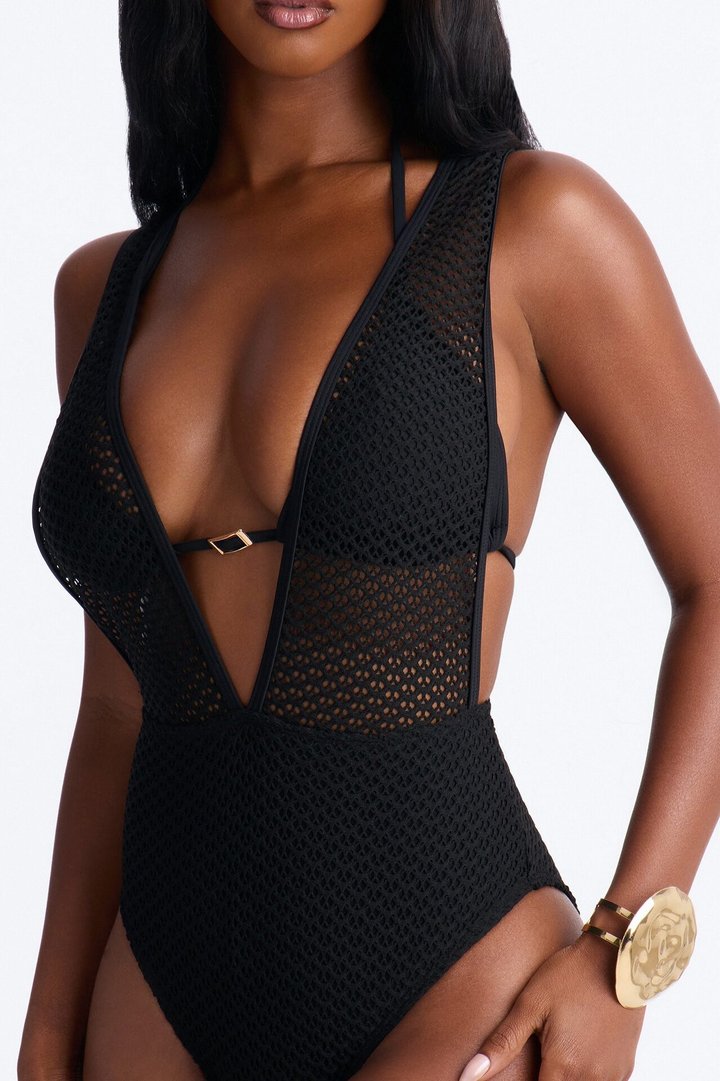 Kadie Fishnet Over Shoulder Strap 2 Piece Bikini - Black