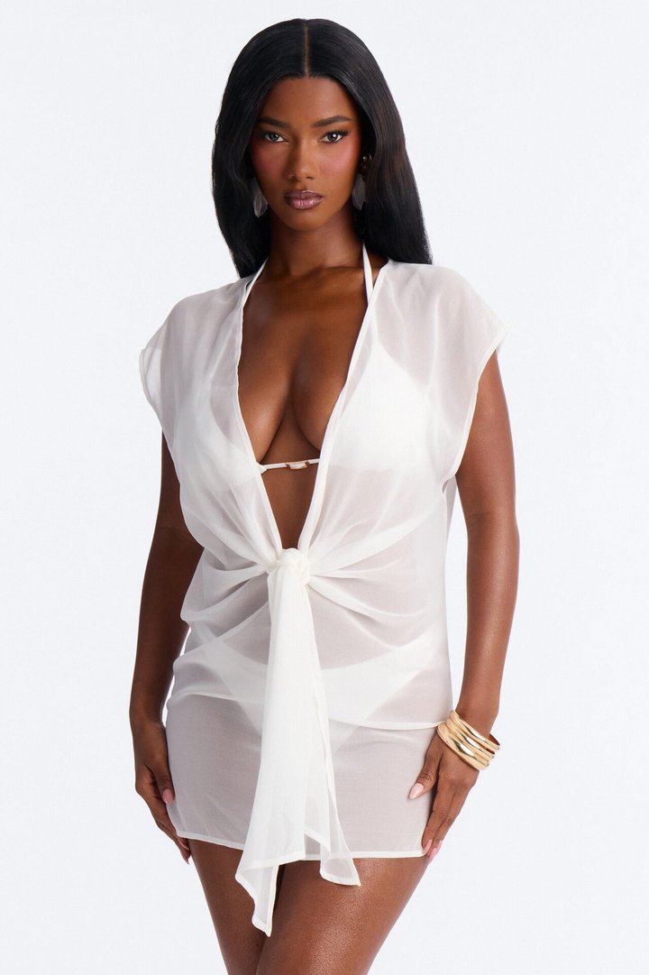 Koko Knotted Cover Up Short Sleeve Mini Dress - White
