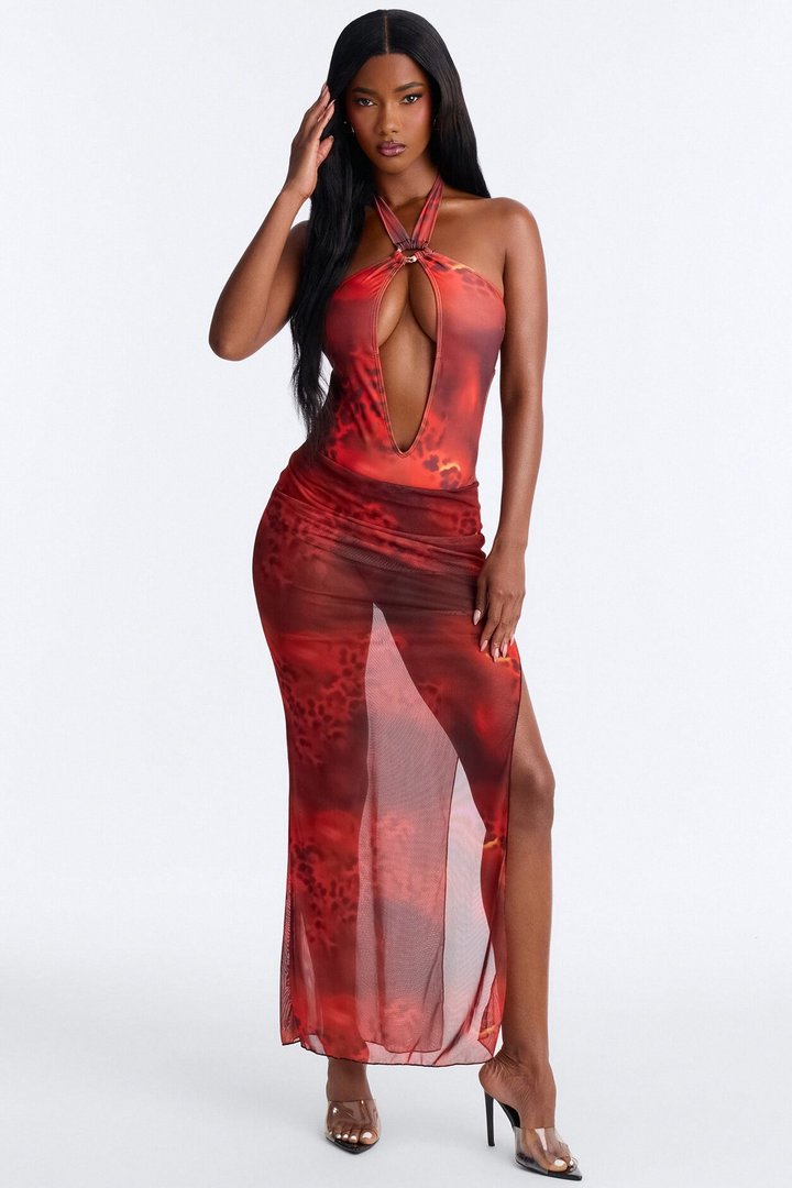 Hayley Hardware Cutout 1 Piece Swimsuit & Skirt Set - Red/combo