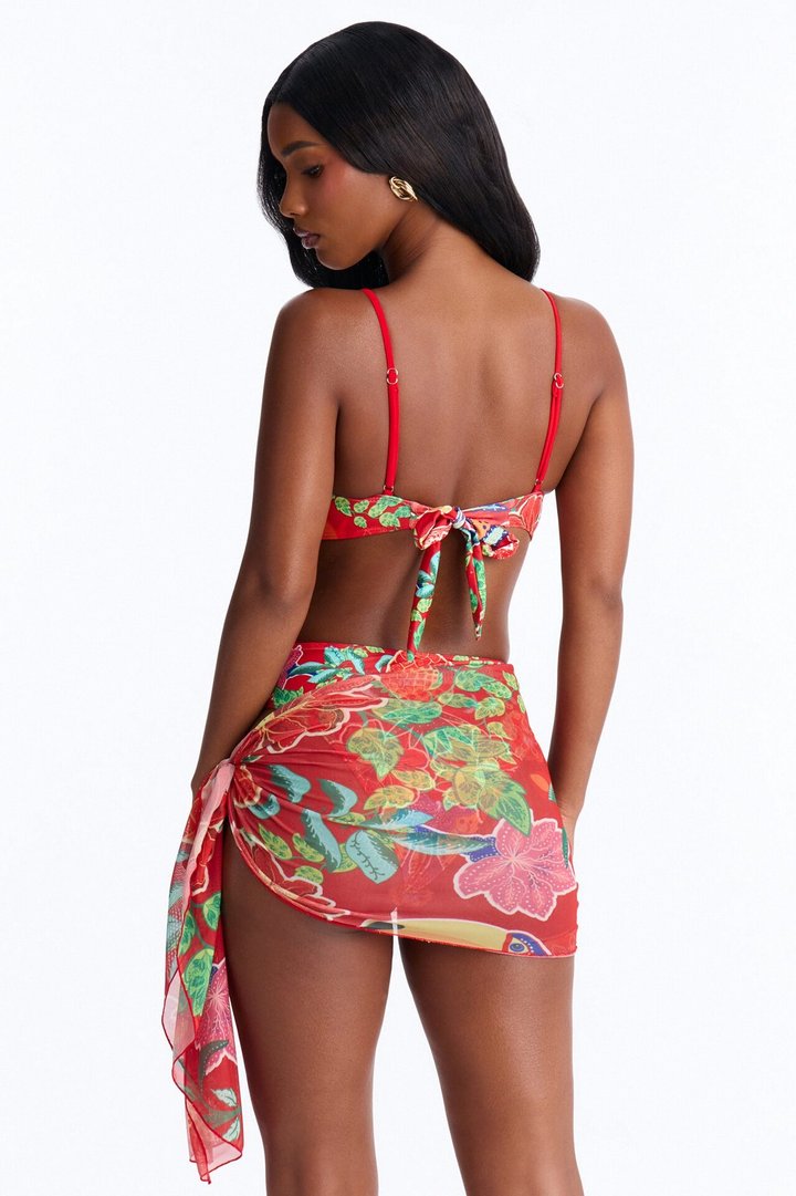 Stay Vibrant Floral 3 Piece Bikini & Cover Up Sarong Sunsuit - Red/combo