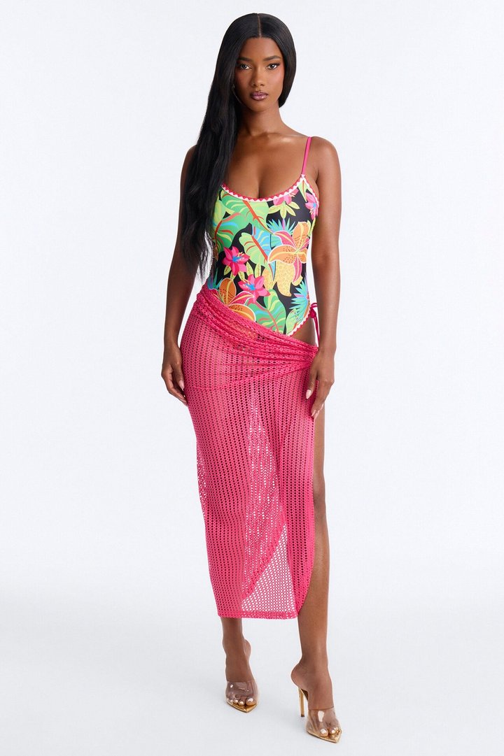 Island Breeze Crochet Fishnet Knotted Cover Up Skit - Hot Pink