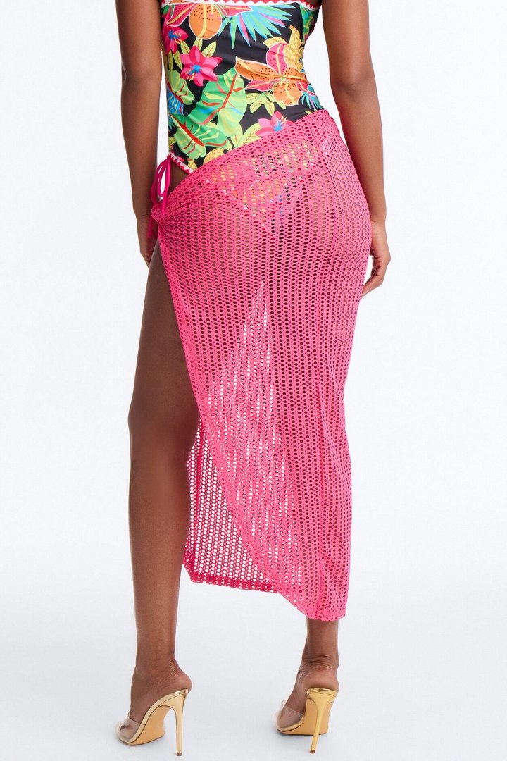 Island Breeze Crochet Fishnet Knotted Cover Up Skit - Hot Pink
