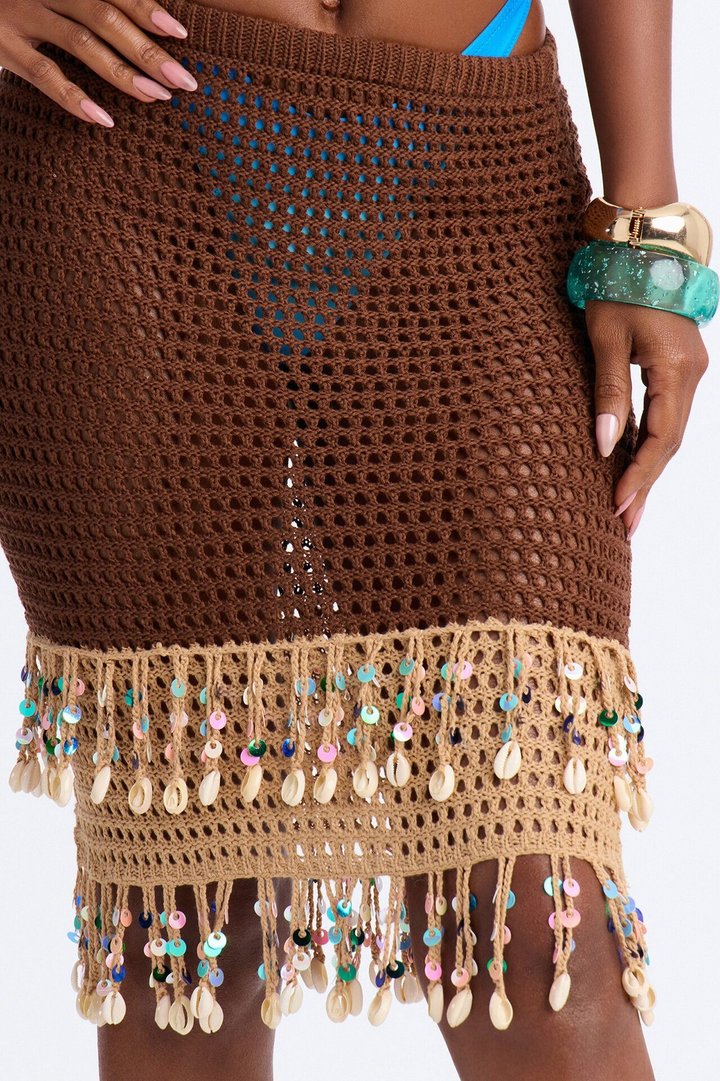 Shauna Crochet Beaded Strapless Cover Up Mini Dress - Brown/combo