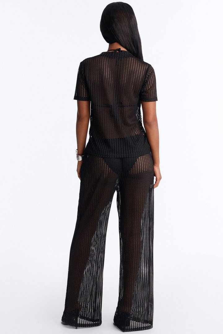 Island Breeze Crochet Fishnet Cover Up Pants Set - Black