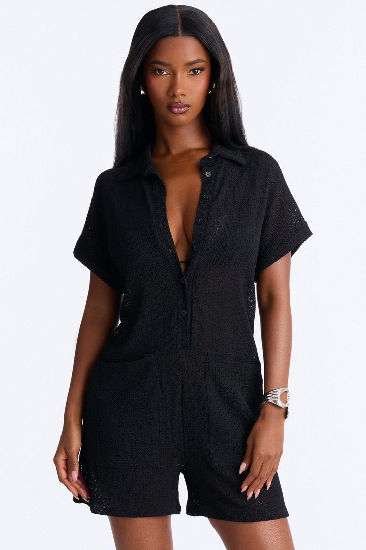Ocean Breeze Knit Button Up Cover Up Romper - Black