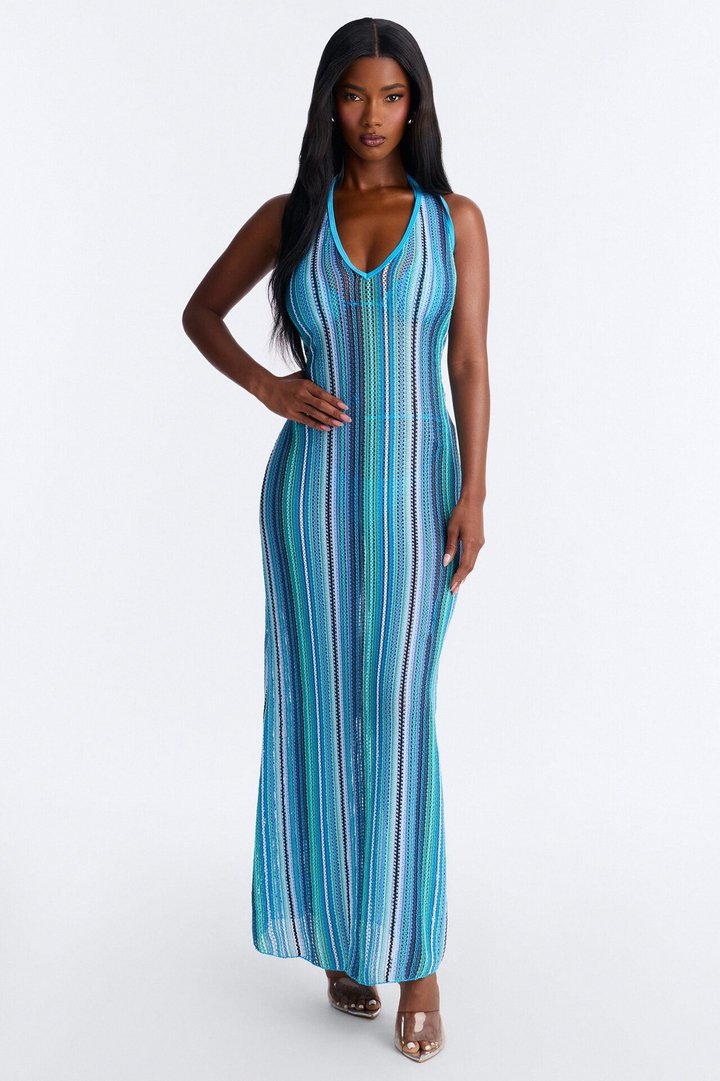 Kensington 3 Piece Striped Triangle Bikini & Cover Up Halter Maxi Dress Sunsuit - Blue/combo