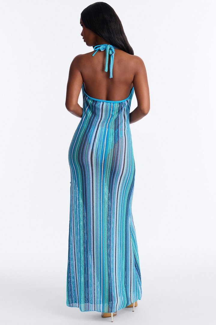 Kensington 3 Piece Striped Triangle Bikini & Cover Up Halter Maxi Dress Sunsuit - Blue/combo