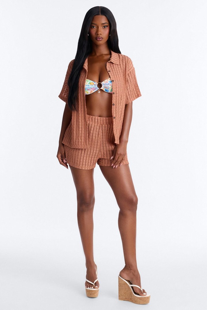 Seaside Vacation Button Up Cover Up Shorts Set - Mocha