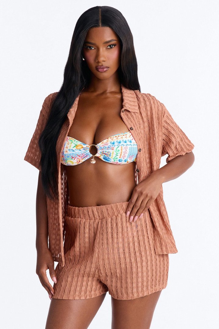 Seaside Vacation Button Up Cover Up Shorts Set - Mocha