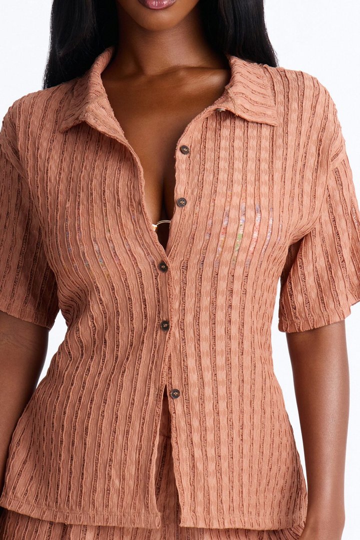 Seaside Vacation Button Up Cover Up Shorts Set - Mocha