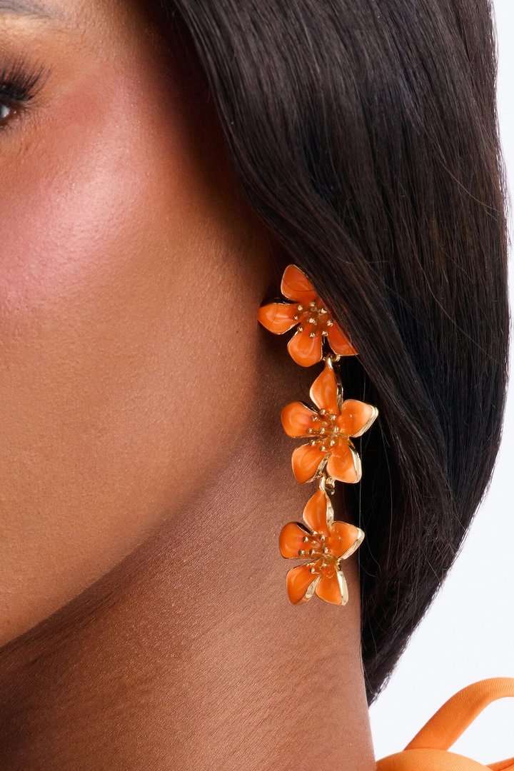 Keep Thriving Floral Linear Earrings - Orange