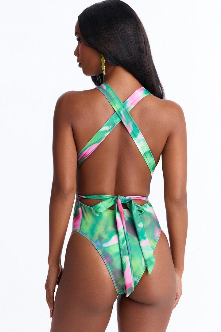 Shannon 1 Piece Swimsuit Skirt Set - Green/combo