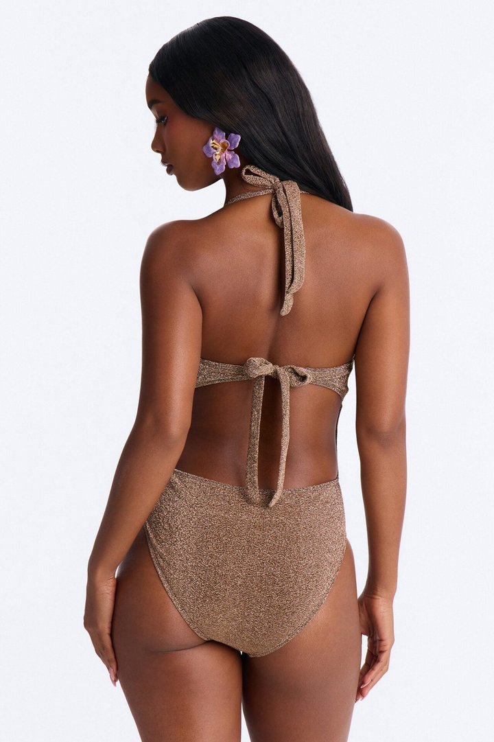 Ainsley Shimmer 1 Piece Halter Chain Underwire Swimsuit - Brown