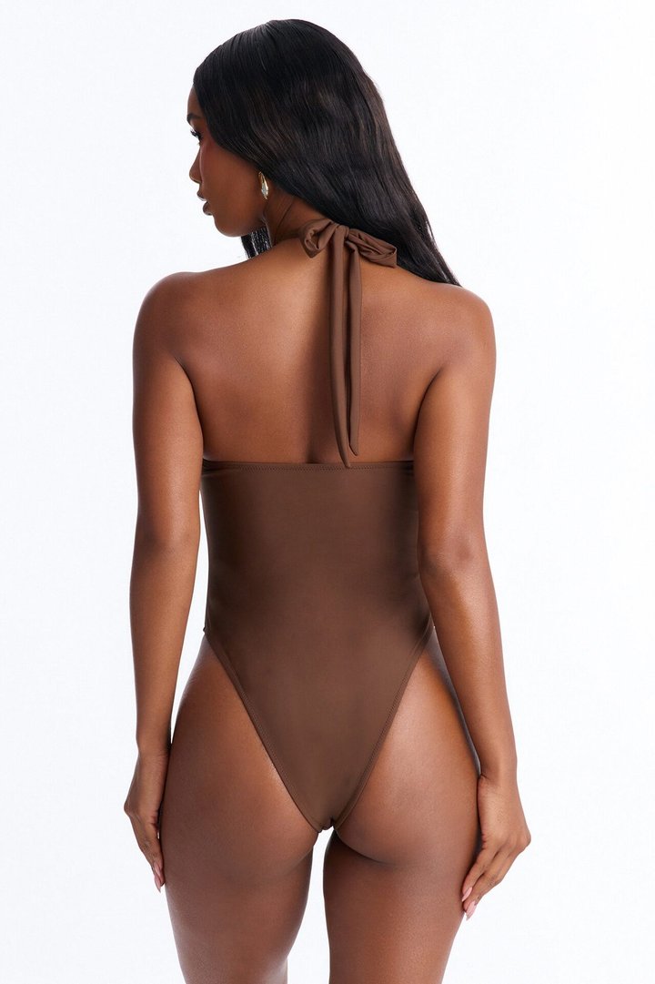 Jana 1 Piece Cut Out Halter Swimsuit - Brown