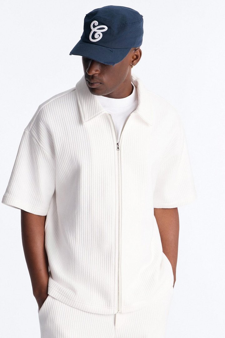 Textured Oversized Fleece Zip Up Shirt - Cream