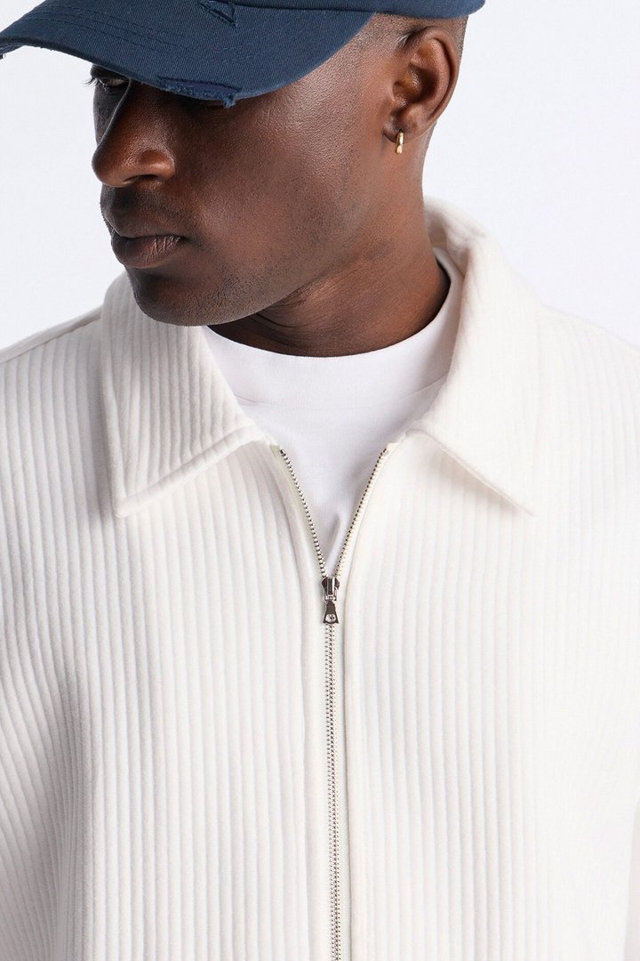Textured Oversized Fleece Zip Up Shirt - Cream
