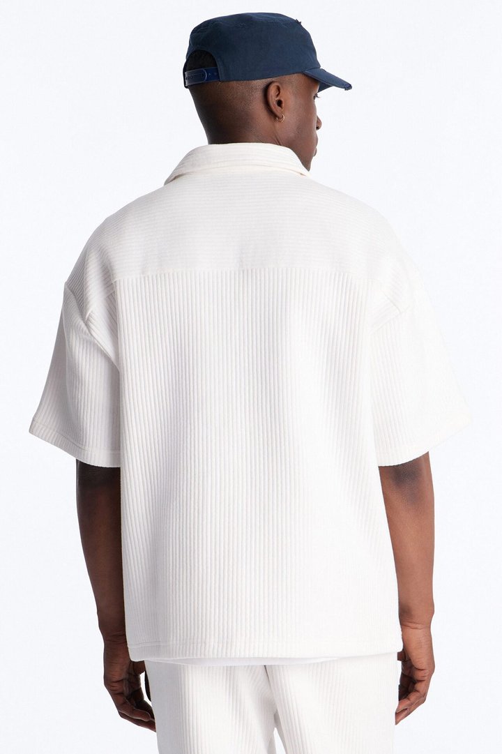 Textured Oversized Fleece Zip Up Shirt - Cream