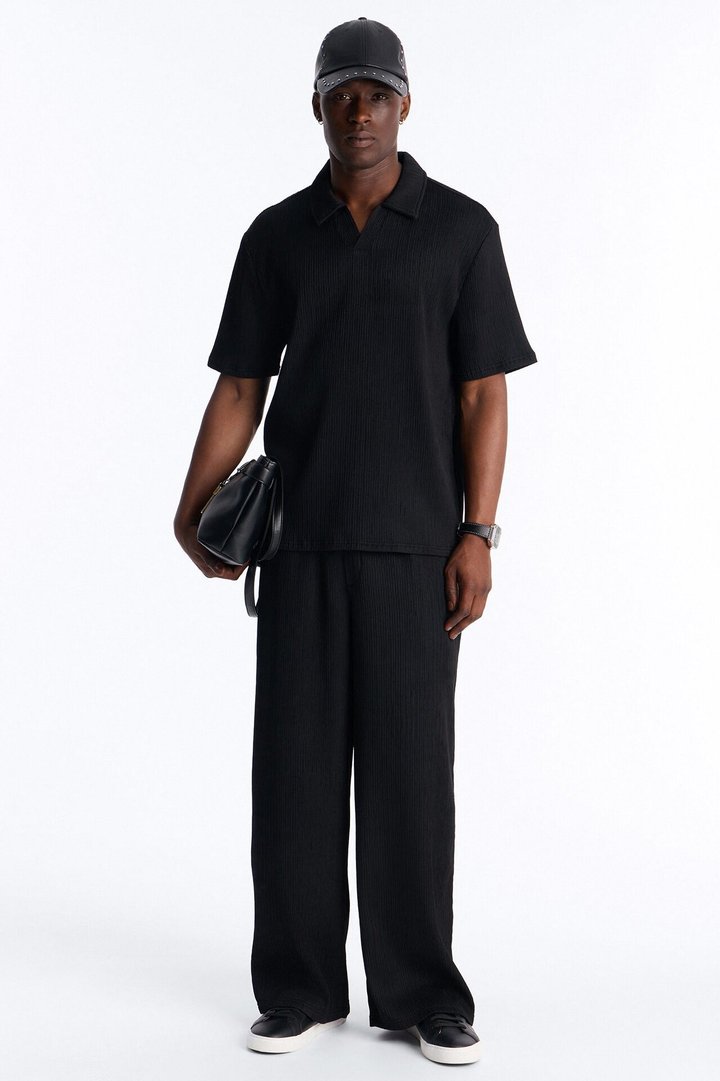 Pure Form Plisse Johnny Collar Polo - Black