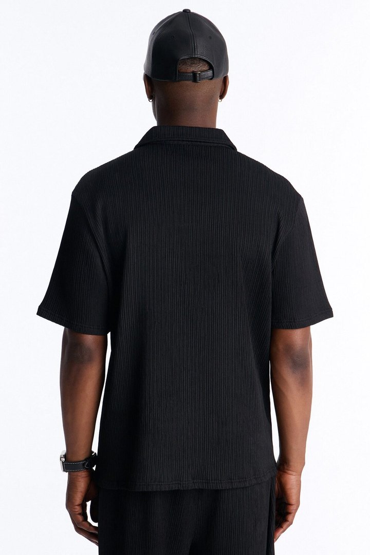 Pure Form Plisse Johnny Collar Polo - Black
