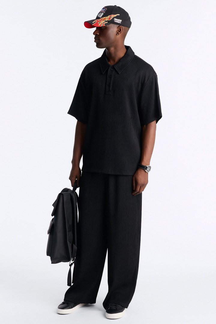 Pure Form Plisse Polo - Black