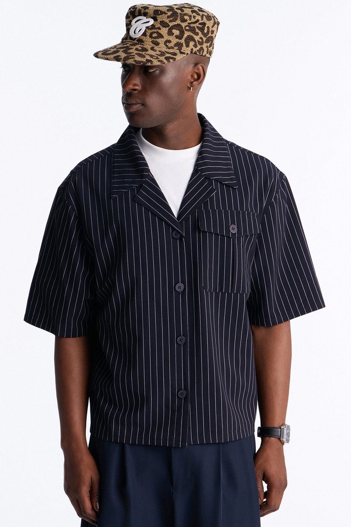 Maison Tailored Refined Stripe Button Up Shirt - Navy