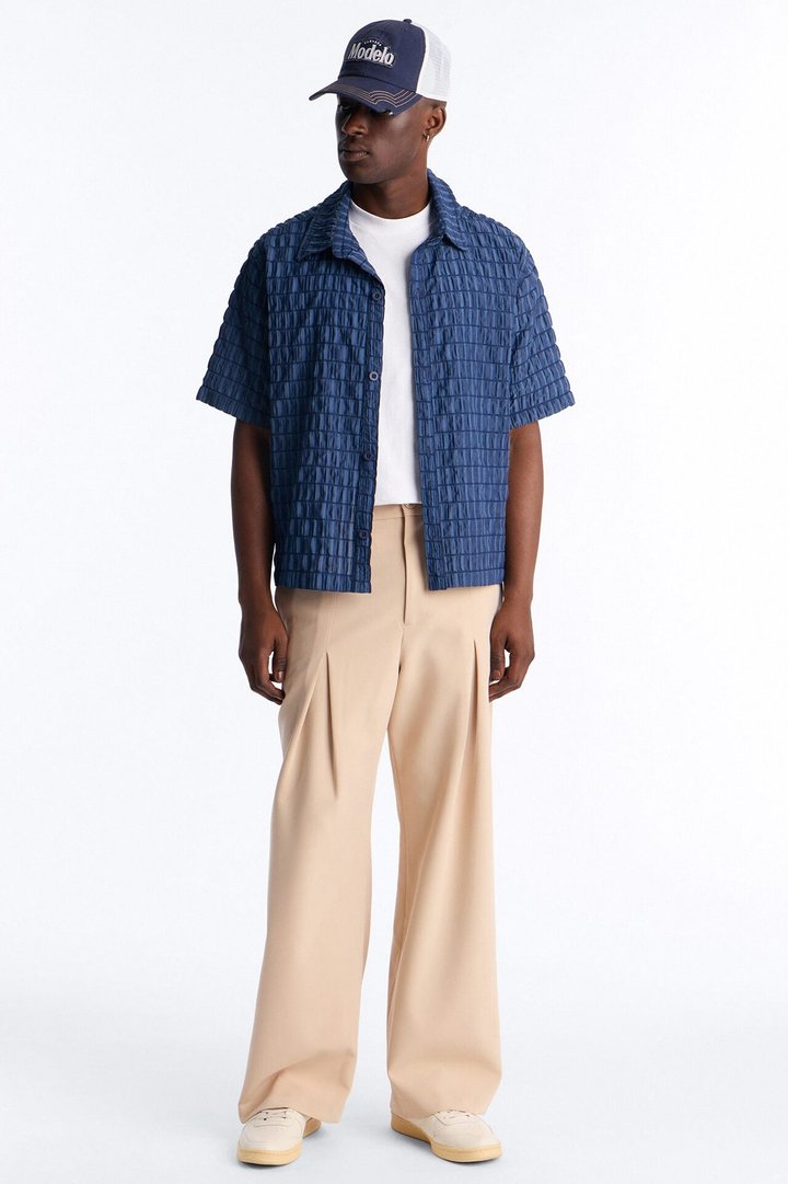 Dream Puff Cuban Collar Button Up Shirt - Navy/combo