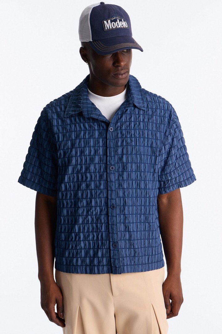 Dream Puff Cuban Collar Button Up Shirt - Navy/combo