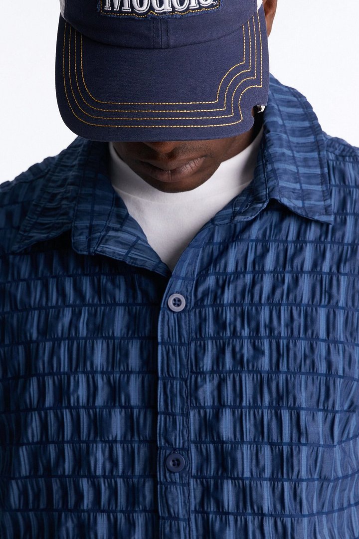 Dream Puff Cuban Collar Button Up Shirt - Navy/combo