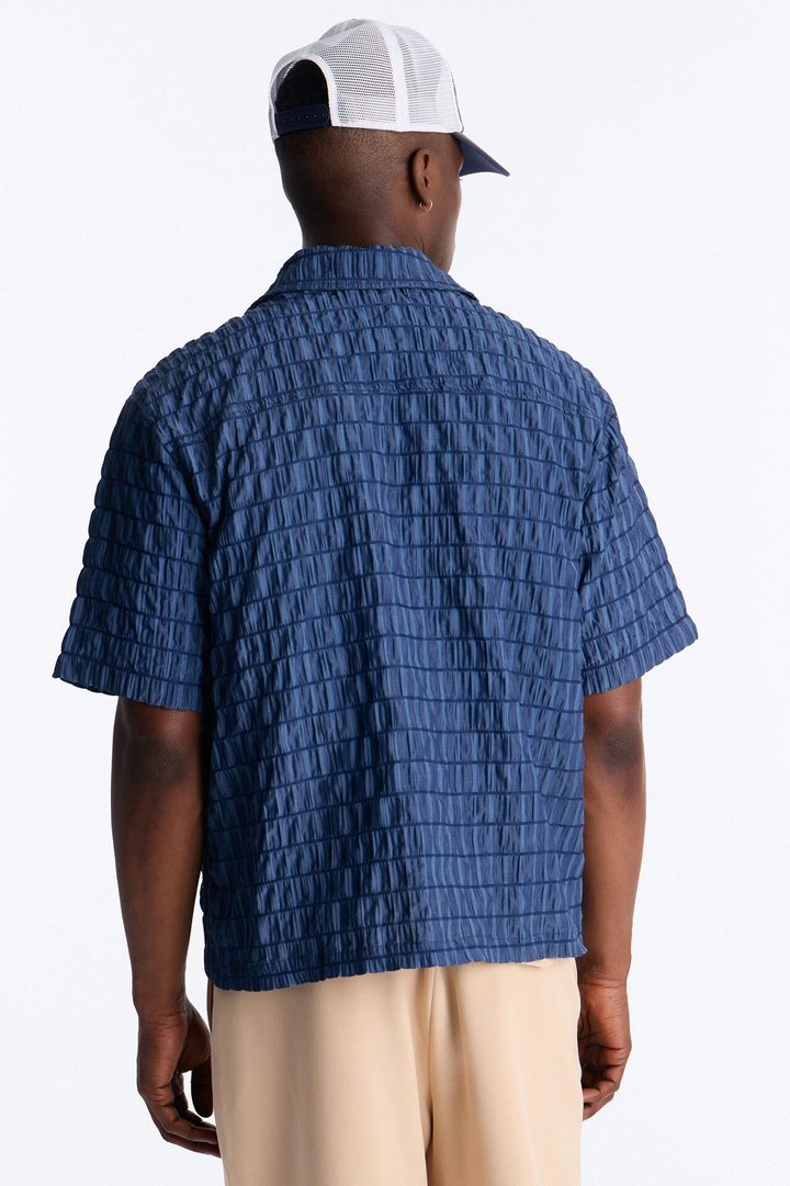 Dream Puff Cuban Collar Button Up Shirt - Navy/combo