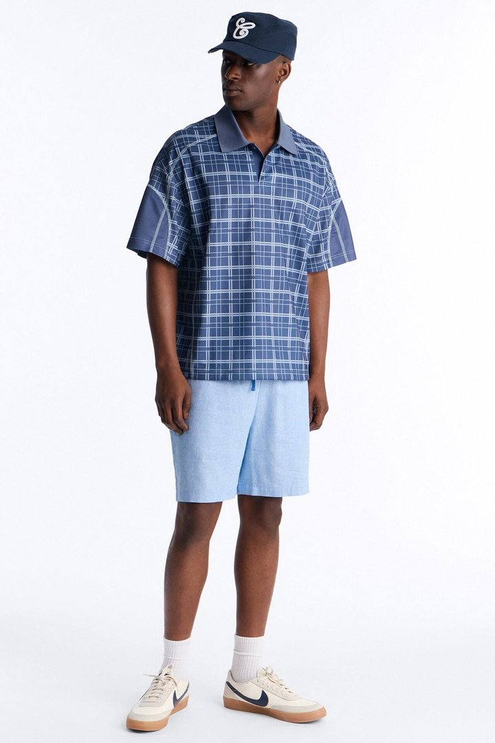 Downtown Plaid Relaxed Johnny Collar Polo - Navy
