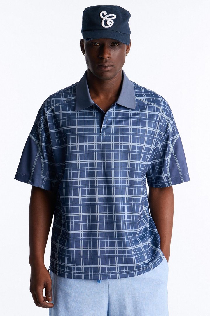 Downtown Plaid Relaxed Johnny Collar Polo - Navy