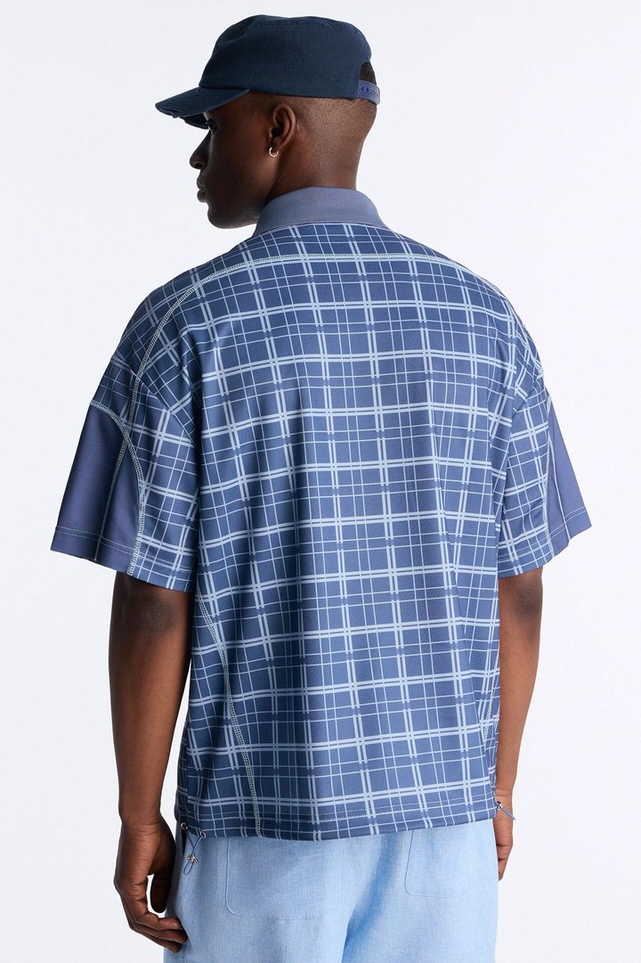 Downtown Plaid Relaxed Johnny Collar Polo - Navy
