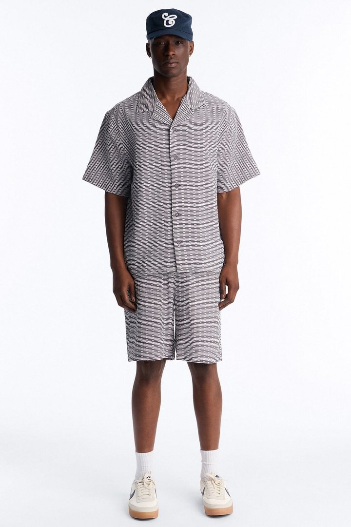 Chenille Terrace Textured Cuban Collar Button Up Shirt - Grey