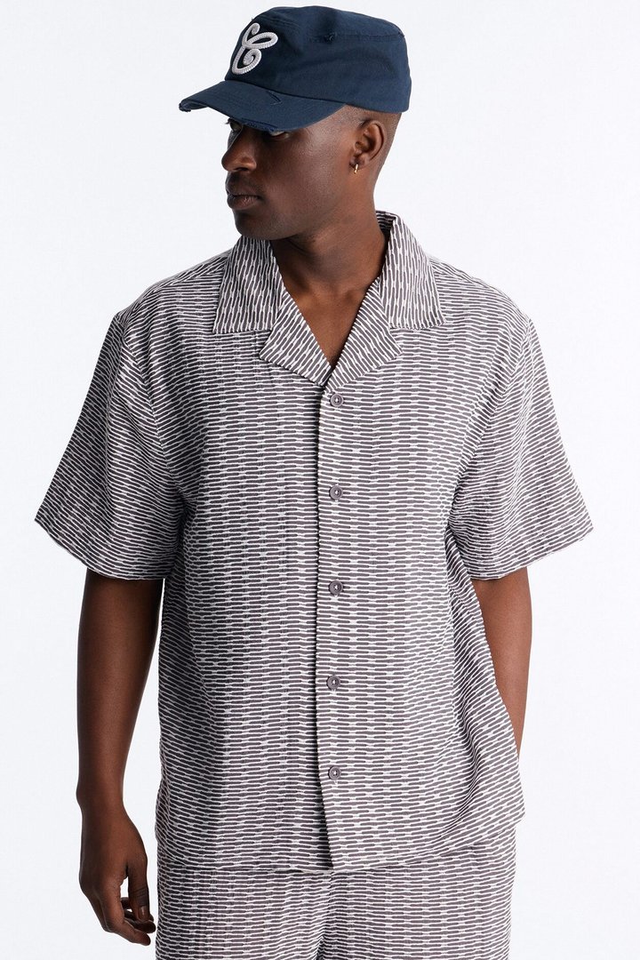 Chenille Terrace Textured Cuban Collar Button Up Shirt - Grey