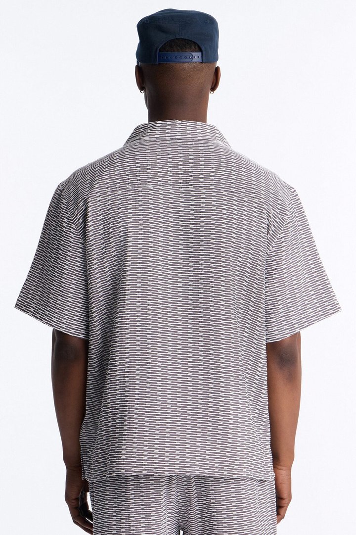 Chenille Terrace Textured Cuban Collar Button Up Shirt - Grey