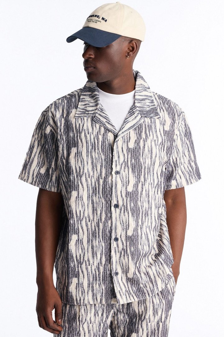 Starry Night Cuban Collar Button Up Shirt - Blue/combo
