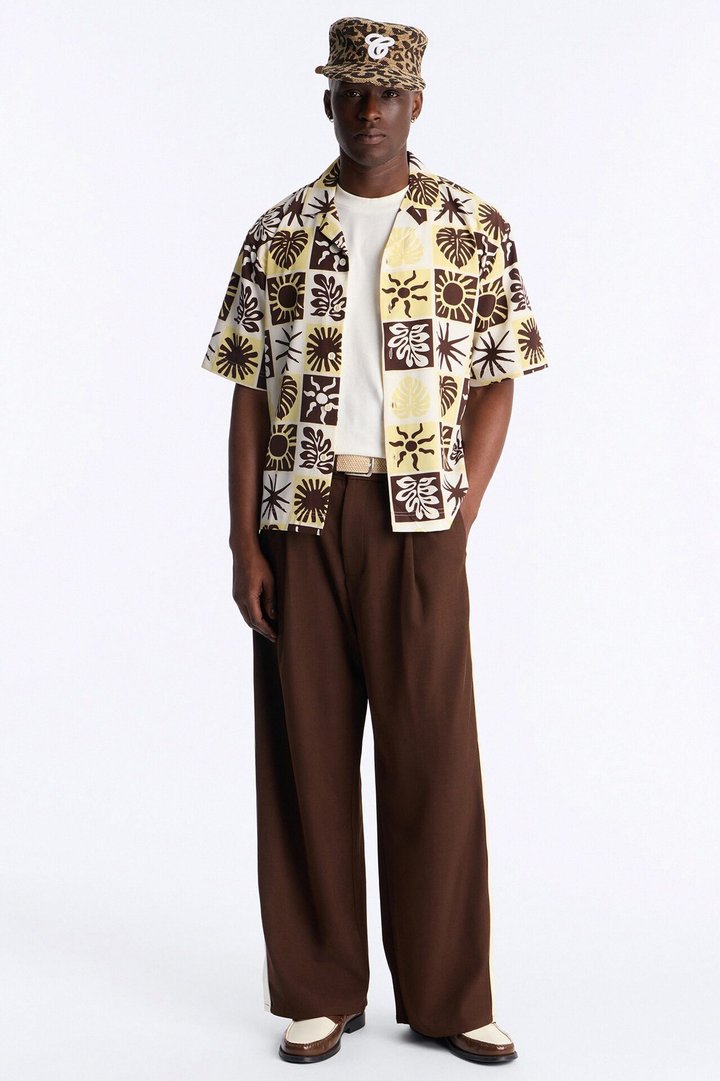 Solar Foliage Checkered Cuban Collar Shirt - Brown
