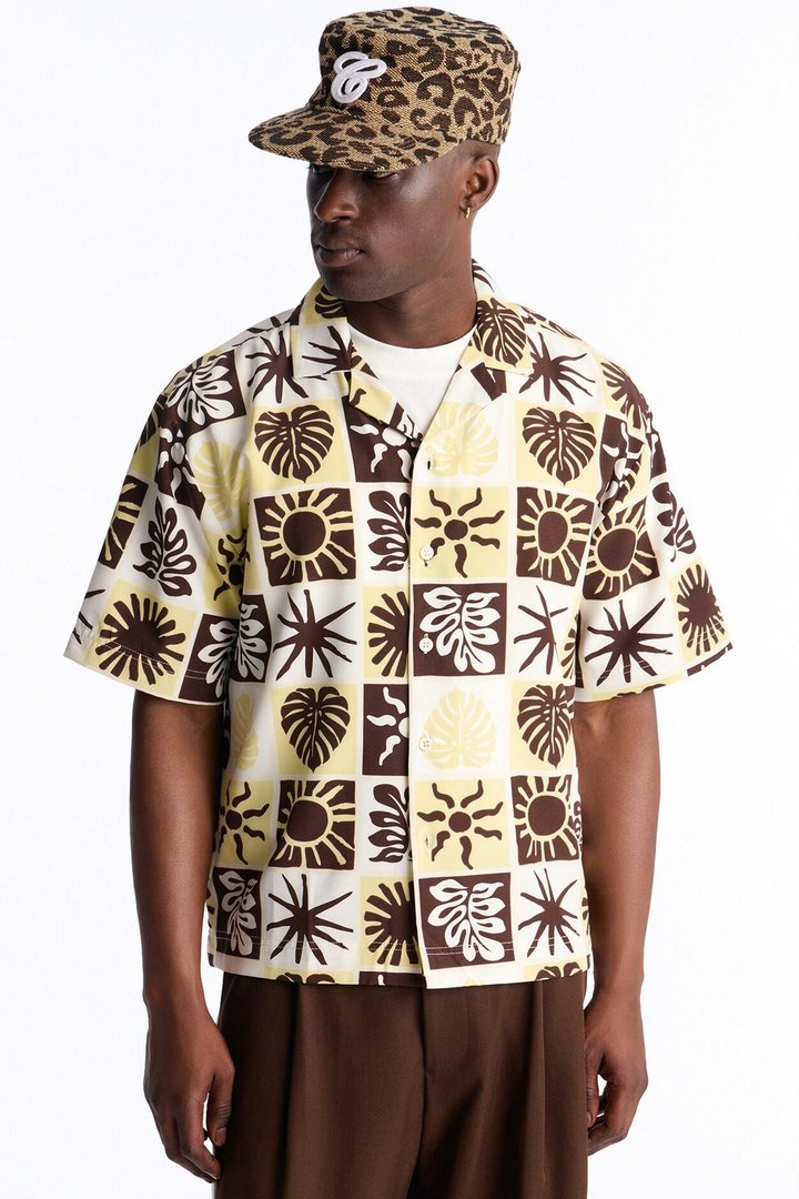 Solar Foliage Checkered Cuban Collar Shirt - Brown