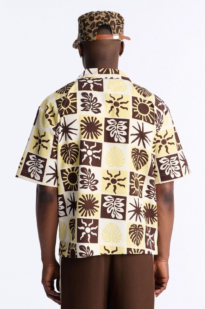 Solar Foliage Checkered Cuban Collar Shirt - Brown