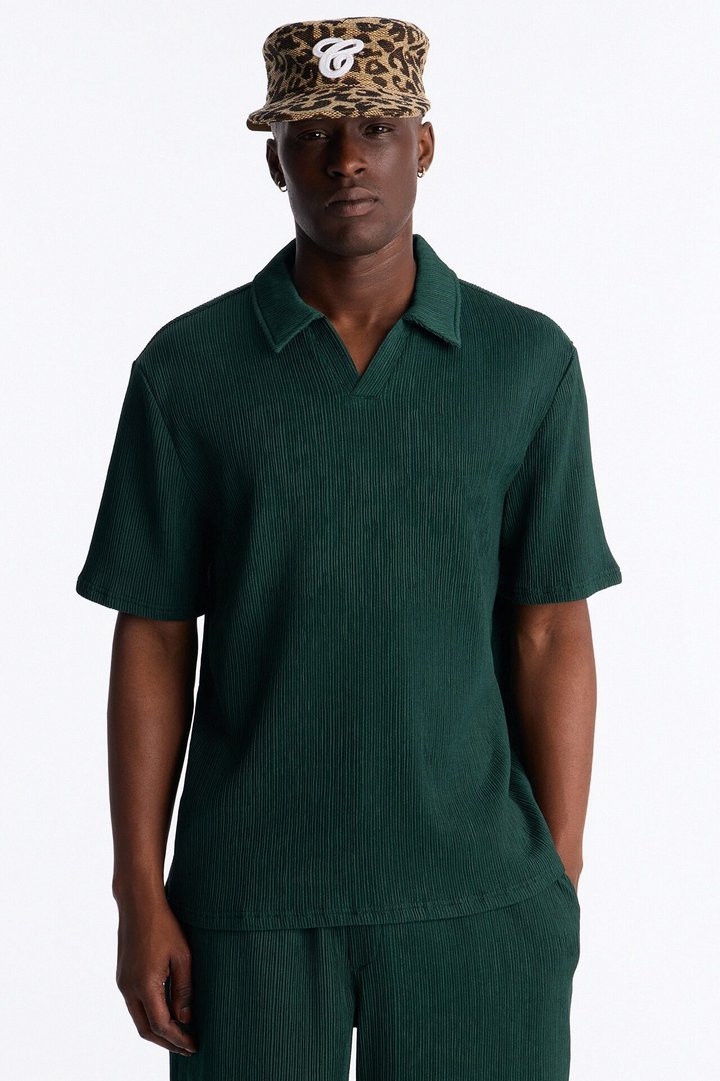 Pure Form Plisse Johnny Collar Polo - Hunter Green